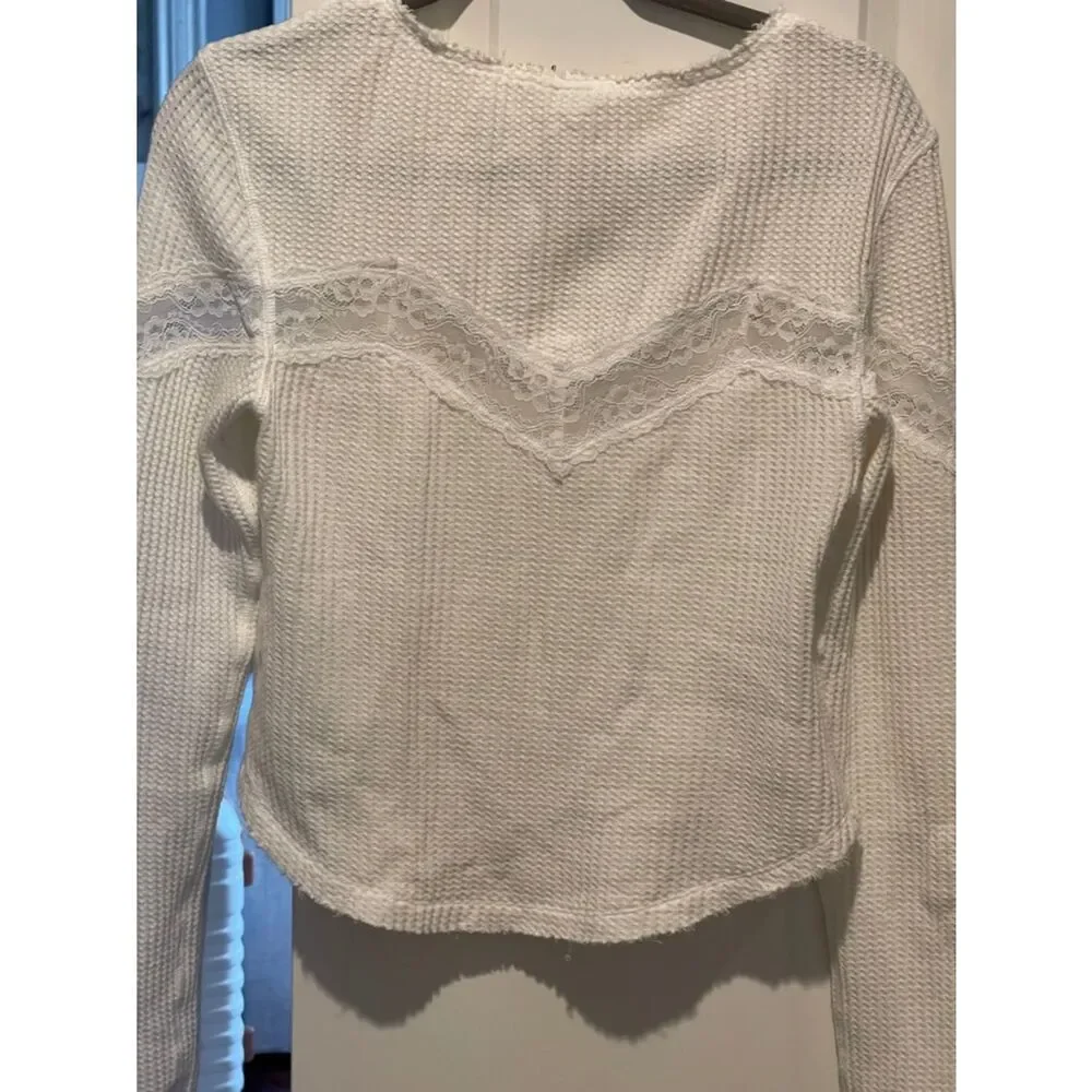 Free People White Lace-Trim Waffle Knit Button Cardigan